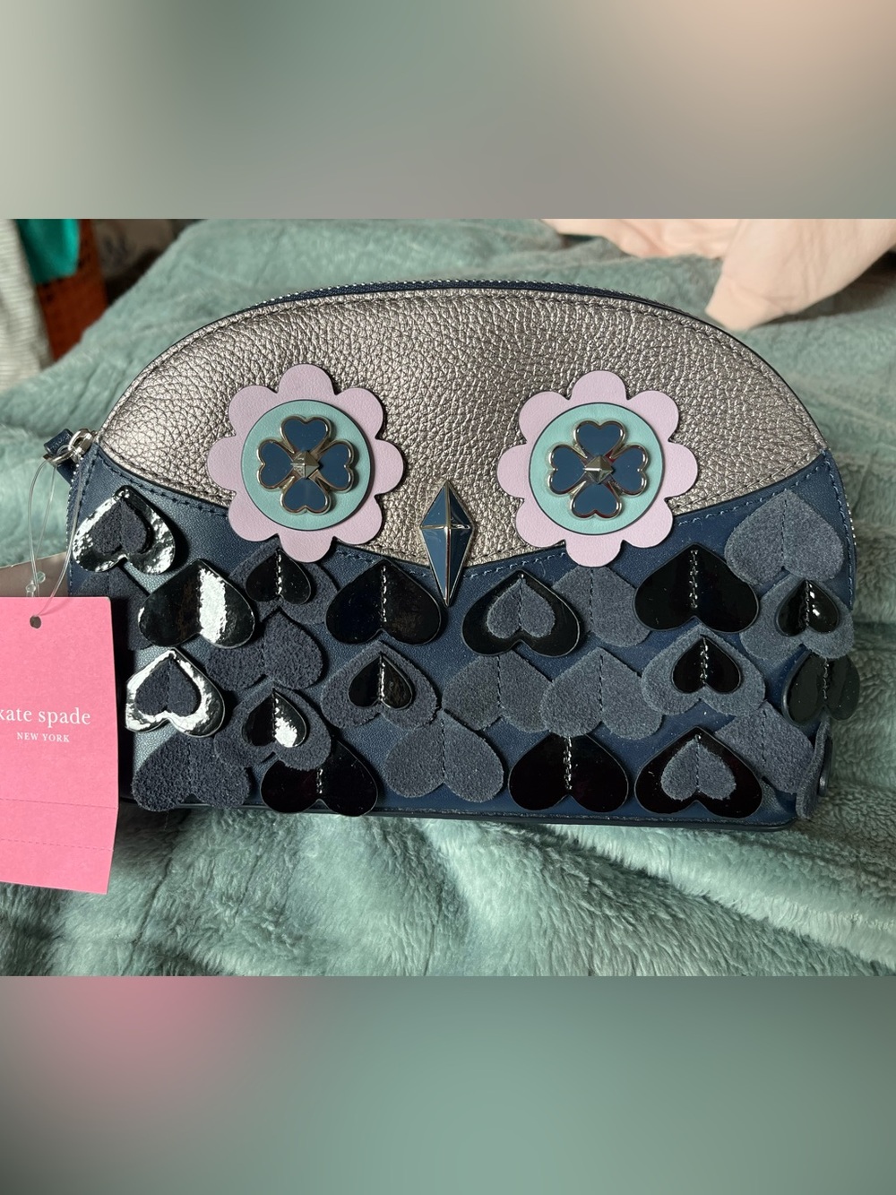 Kate Spade NY Zibbi Owl leather medium dome cosmetic bag- zip pouch-Brand new!